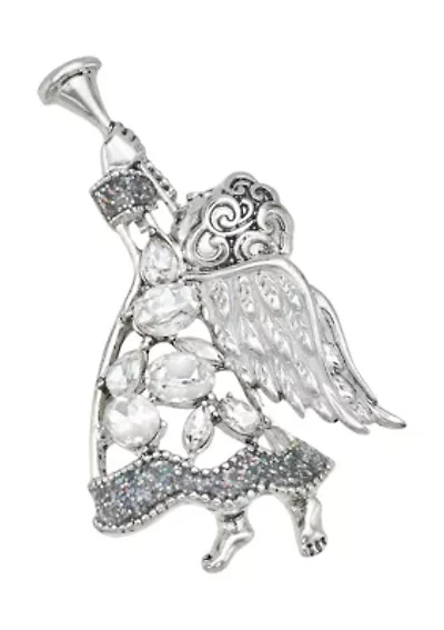 Silver-Tone Crystal Angel Pin