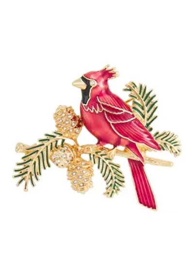 Gold Tone Red Cardinal Branch Box Pin 