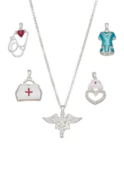 Silver Tone Healthcare Interchangeable Charm Pendant Necklace Set