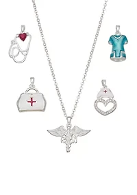 Silver Tone Healthcare Interchangeable Charm Pendant Necklace Set