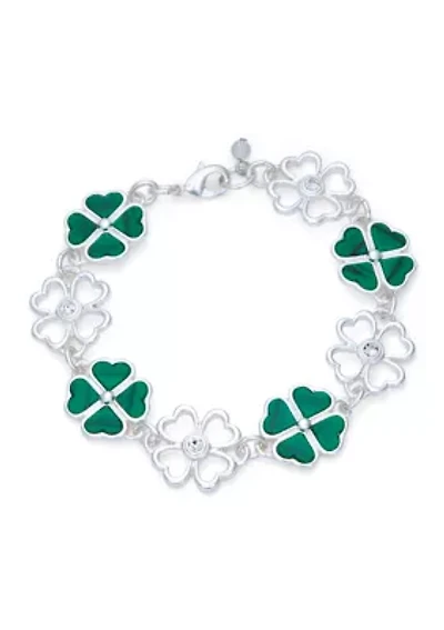 Green and Silver-Tone Clover Flex Bracelet