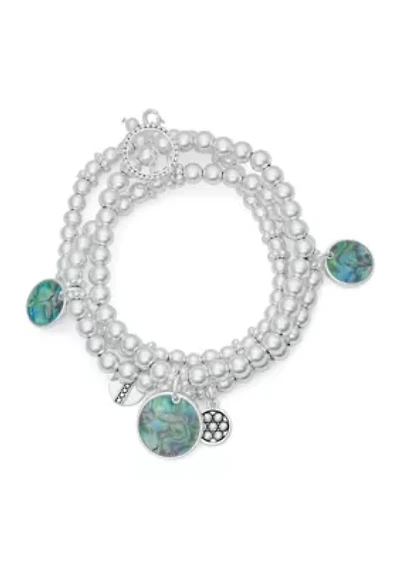 Multi Beaded Silver Tone Charm Stretch Bracelet Set