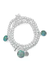 Multi Beaded Silver Tone Charm Stretch Bracelet Set