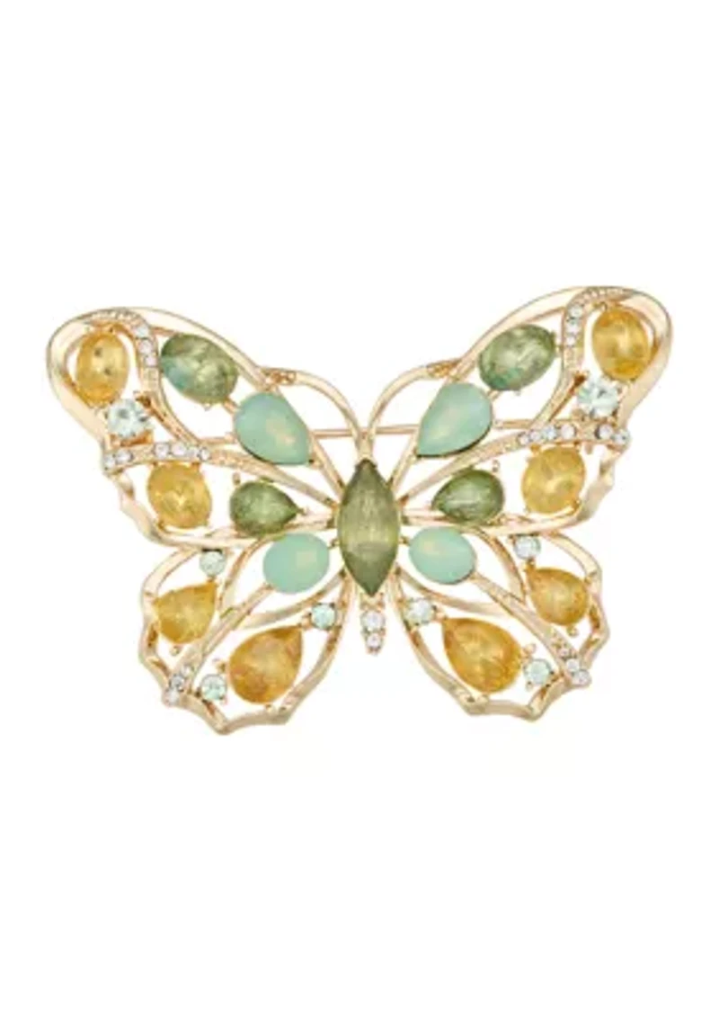 Crystal Butterfly Gold Tone Pin