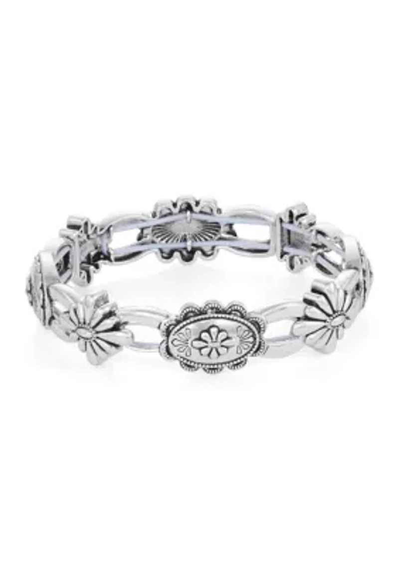 Flower Engraved Disc Stretch Bracelet