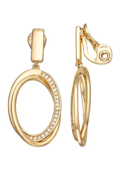 Gold Tone Social Cubic Zirconia Oval Drop Clip Earrings