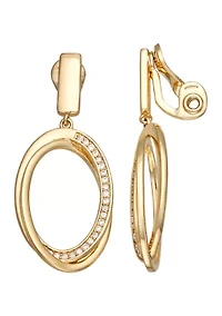 Gold Tone Social Cubic Zirconia Oval Drop Clip Earrings