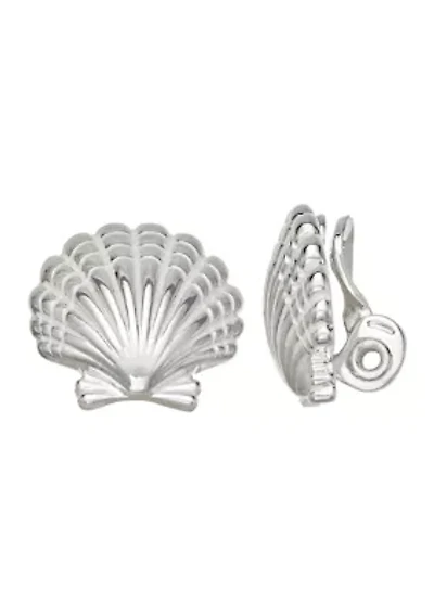 Silver Tone Seashell Stud Clip Earrings
