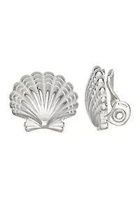 Silver Tone Seashell Stud Clip Earrings
