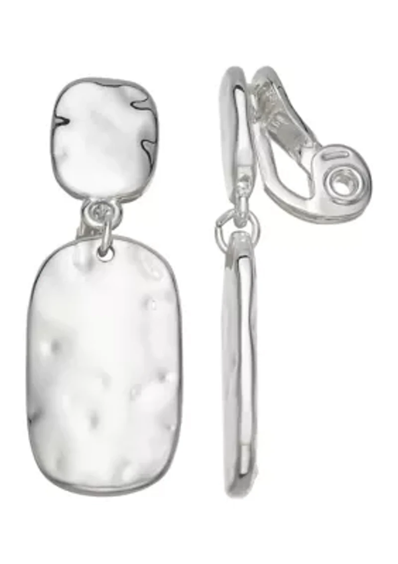 Silver Tone Texture Linear Drop Clip Earrings
