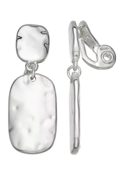Silver Tone Texture Linear Drop Clip Earrings