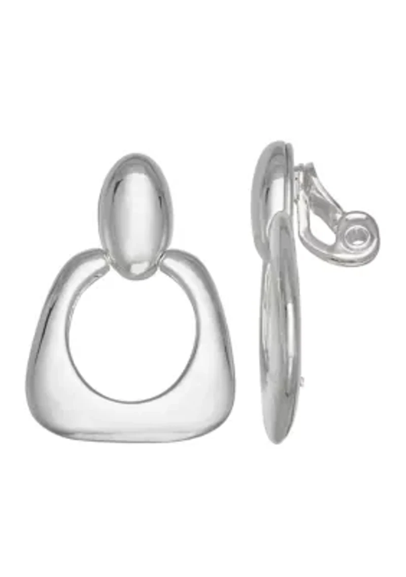 Silver Tone Oval Drop Clip Earrings