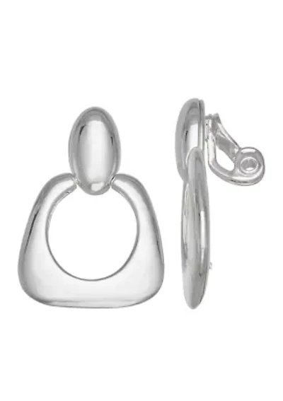 Silver Tone Oval Drop Clip Earrings