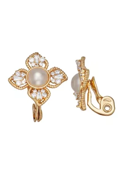 Gold Tone Crystal Flower Stud Clip Earrings