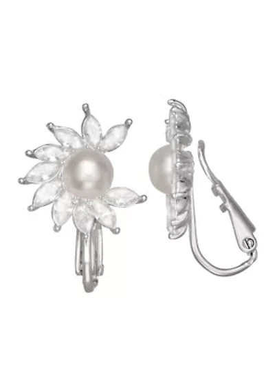Silver Tone Crystal Pearl Drop Clip Earrings