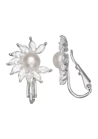 Silver Tone Crystal Pearl Drop Clip Earrings