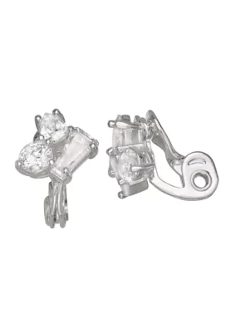 Silver Tone Crystal Stone Stud Clip Earrings