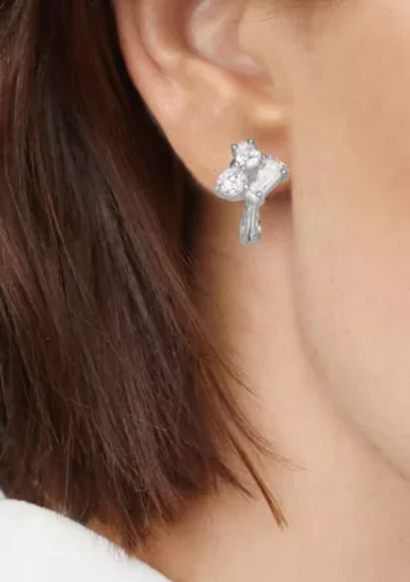 Silver Tone Crystal Stone Stud Clip Earrings