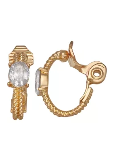 Gold Tone 20 Millimeter CZ Oval Hoop Clip Earrings
