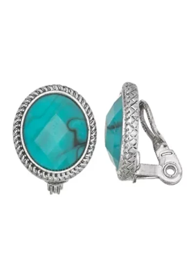 Silver Tone Turquoise Stud Clip Earrings
