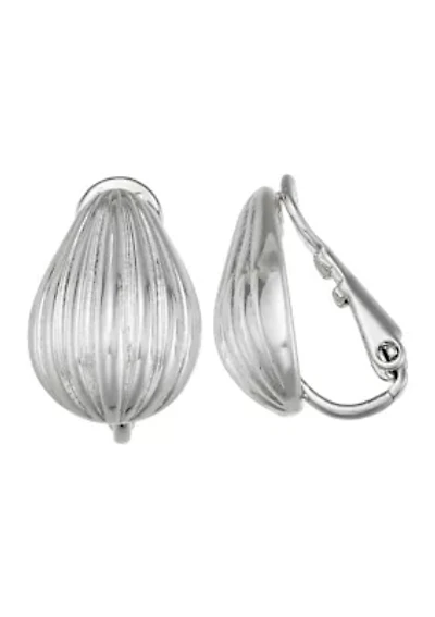 Ribbed Silver Tone Button Clip Earrings 