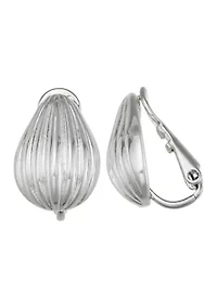 Ribbed Silver Tone Button Clip Earrings 