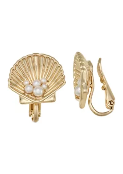 Pearl Center Gold Tone Clam Clip Earrings 