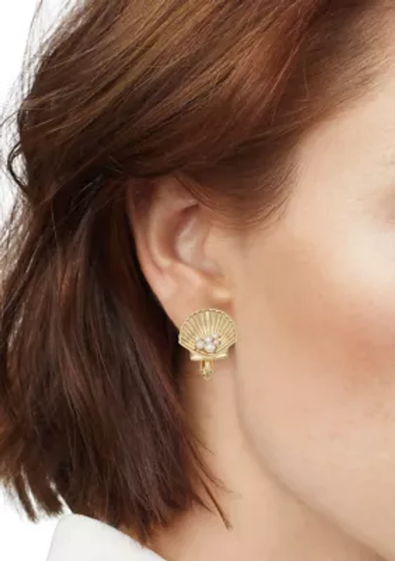 Pearl Center Gold Tone Clam Clip Earrings 