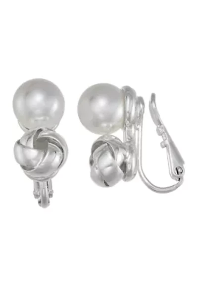 Pearl Silver Tone Clip Earrings 