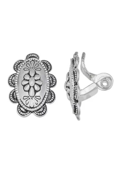 Flower Engraved Silver Tone Clip Earrings 