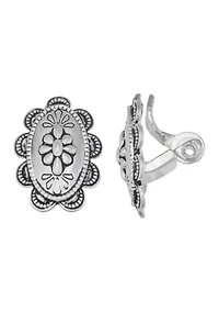 Flower Engraved Silver Tone Clip Earrings 
