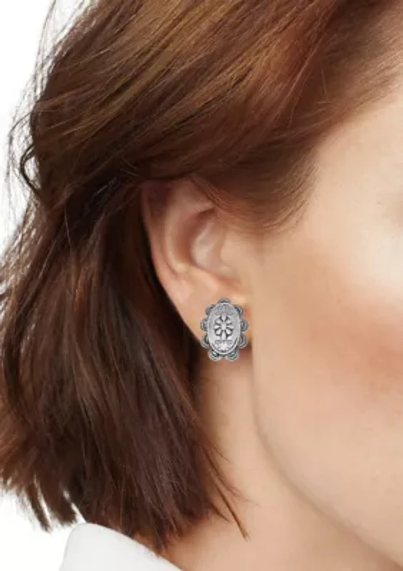 Flower Engraved Silver Tone Clip Earrings 
