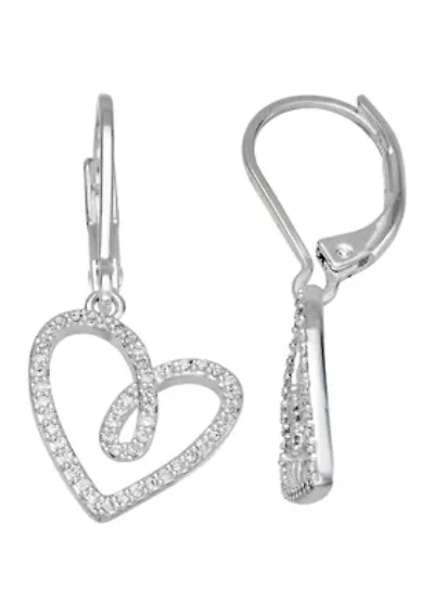 Silver Tone Crystal Cubic Zirconia Heart Drop Lever Back Earrings