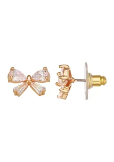 Gold Tone Crystal Bow Stud Earrings