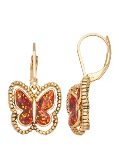 Gold Tone Coral Butterfly Drop Earrings