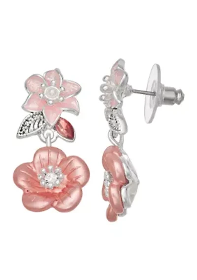 Silver Tone Pink Flower Double Drop Earrings