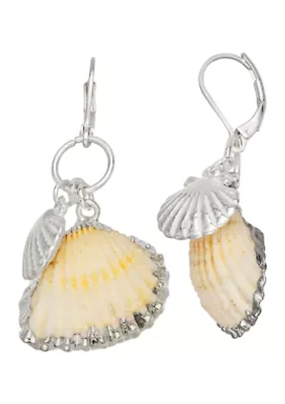 Silver Tone White Seashell Double Drop Earrings