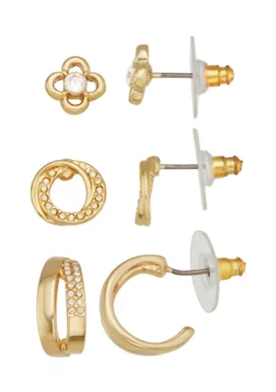Gold Tone Crystal Stud Hoop Trio Earring Set