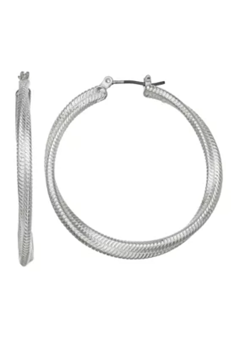 Silver Tone 42 Millimeter Twisted Hoop Post Earrings