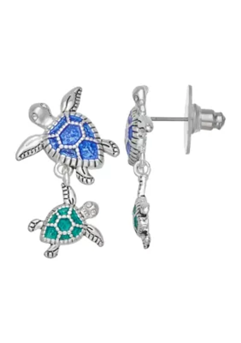 Silver Tone Blue Turtle Double Drop Earrings