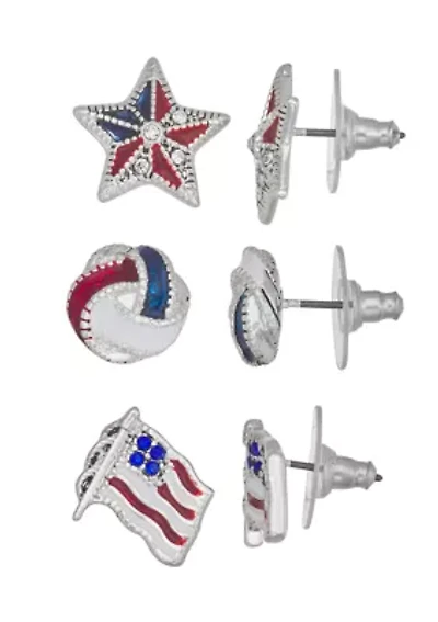Silver Tone Multi America Trio Earrings Set