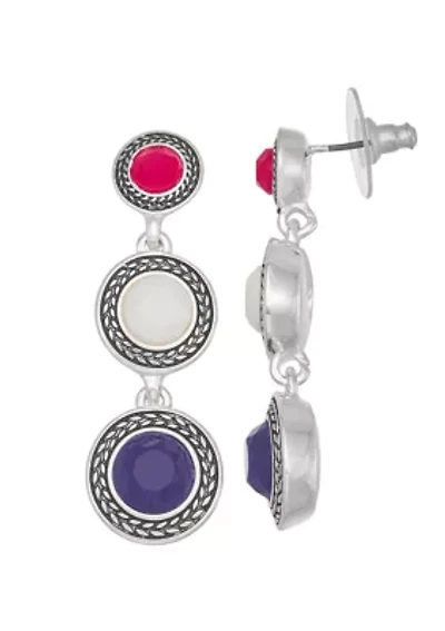Silver Tone Red, White and Blue Linear Earrings