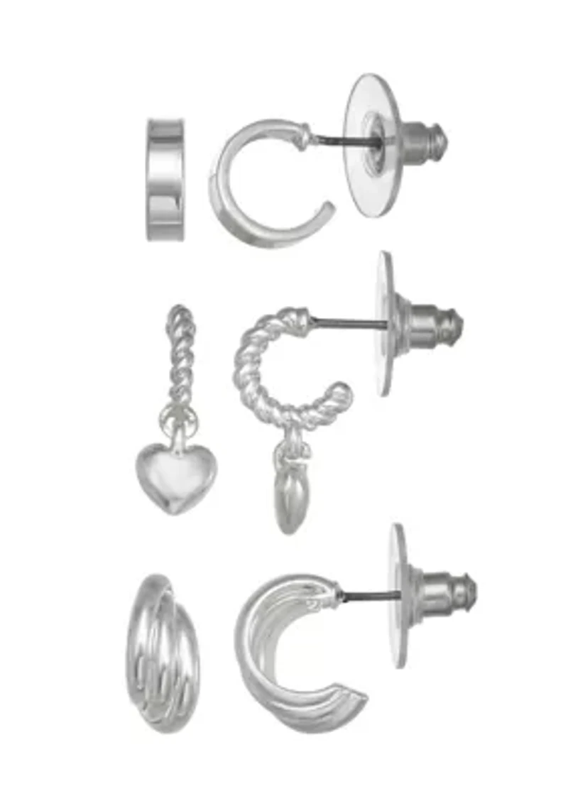 Silver Tone Hoop Drop Trio Earrings Set