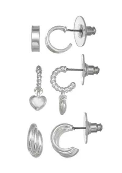 Silver Tone Hoop Drop Trio Earrings Set
