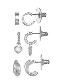 Silver Tone Hoop Drop Trio Earrings Set