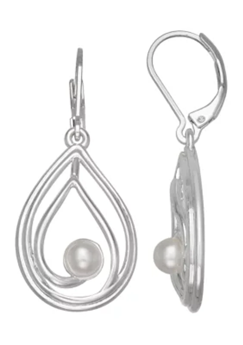 Silver Tone Pearl Oval Drop Earrings