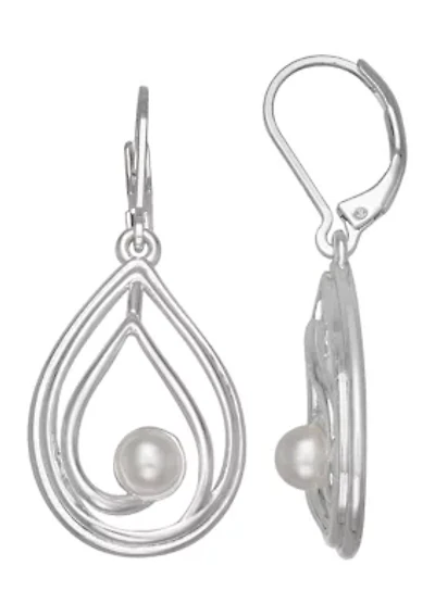 Silver Tone Pearl Oval Drop Earrings