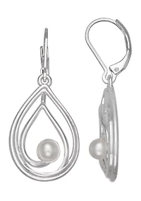 Silver Tone Pearl Oval Drop Earrings