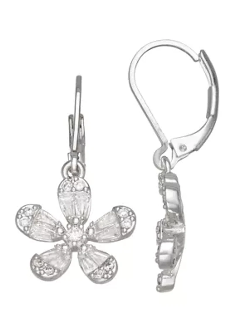 Silver Tone Crystal Flower Drop Earrings