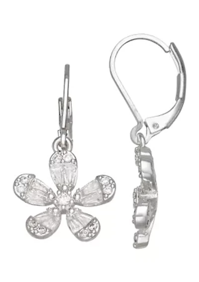 Silver Tone Crystal Flower Drop Earrings